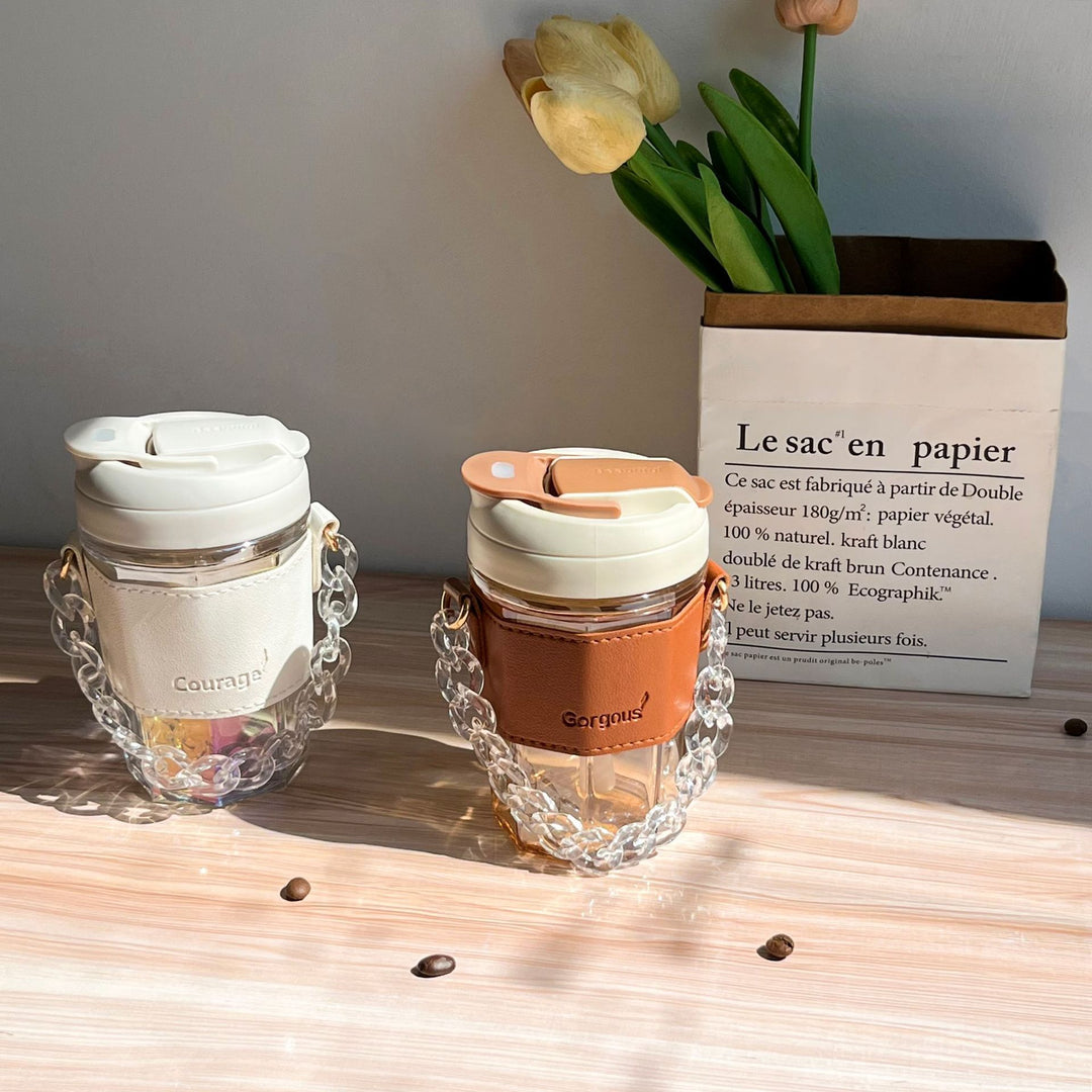 Ladies trendy glass cup with chain carrying strap Bowlift