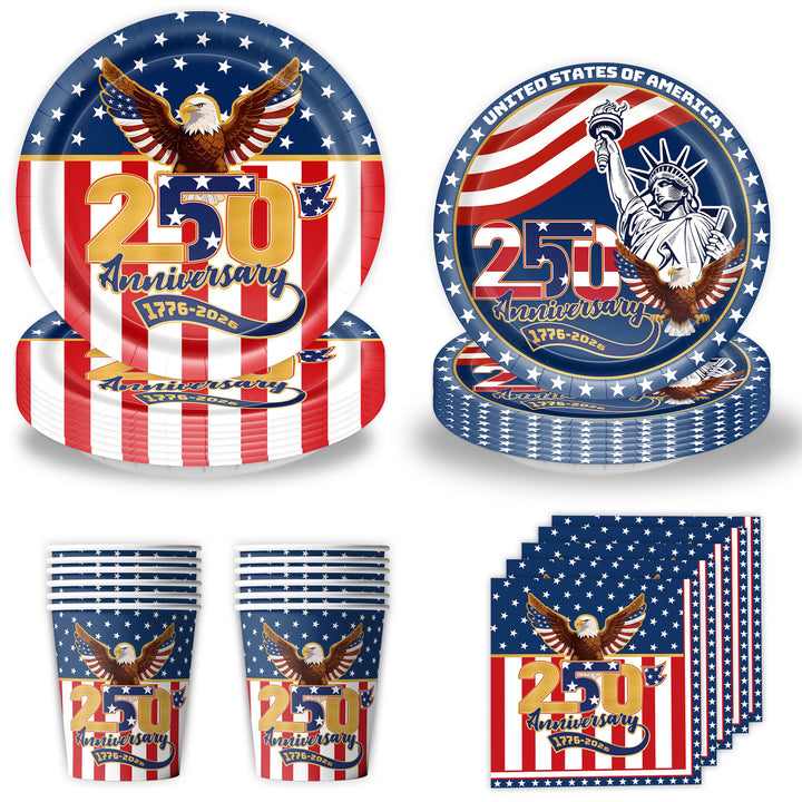 Unisex nan Patriotic Anniversary Disposable Tableware Party Kit with Stars Stripes Plates Cups Napkins Cutlery Banner Bowlift