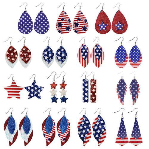 Women's nan teardrop-shaped faux leather earrings with star and stripe print Bowlift