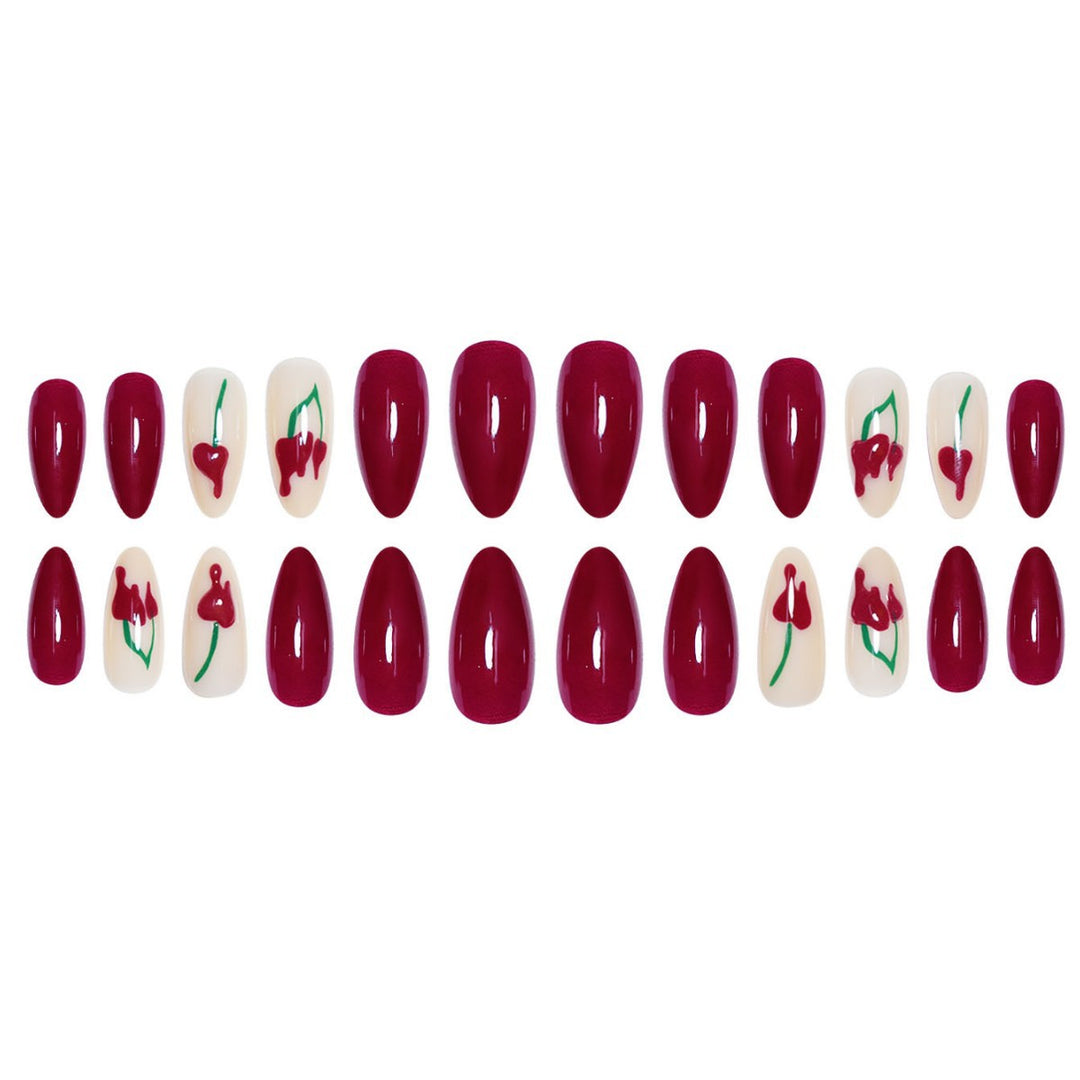 Artistic Press-On Nail Extensions with Cherry Design Bowlift