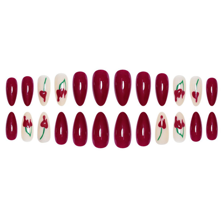 Artistic Press-On Nail Extensions with Cherry Design Bowlift
