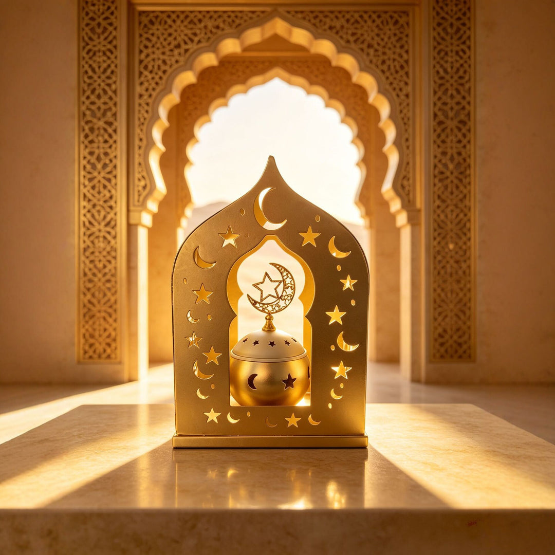 Ornate Metal Crescent-Star Tabletop Lantern with Rotating Incense Burner Bowlift