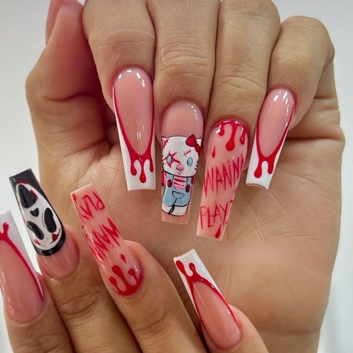 Acrylic nail set with creative Halloween design and bloody accents Bowlift