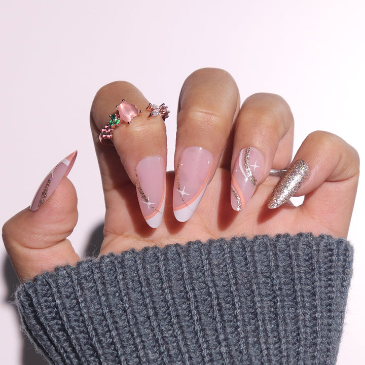 Elegant Stiletto Press-On Nails with Glitter and Artistic Design Bowlift
