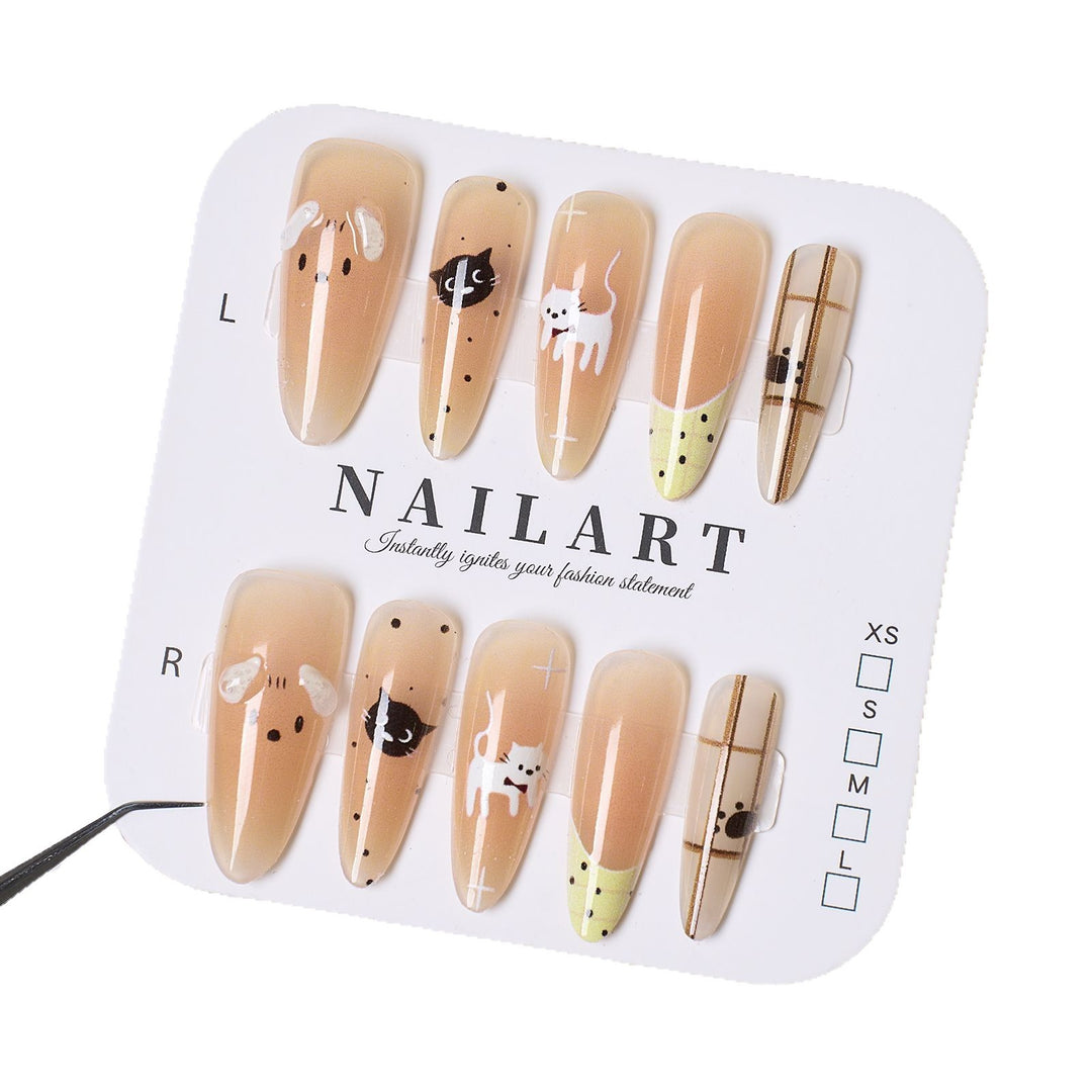 Artistic Cat-Themed Press-On Nails Bowlift