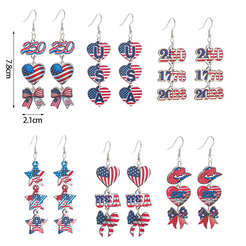 Women's nan patriotic triple-charm dangly novelty earrings with cowboy hat heart bow Bowlift