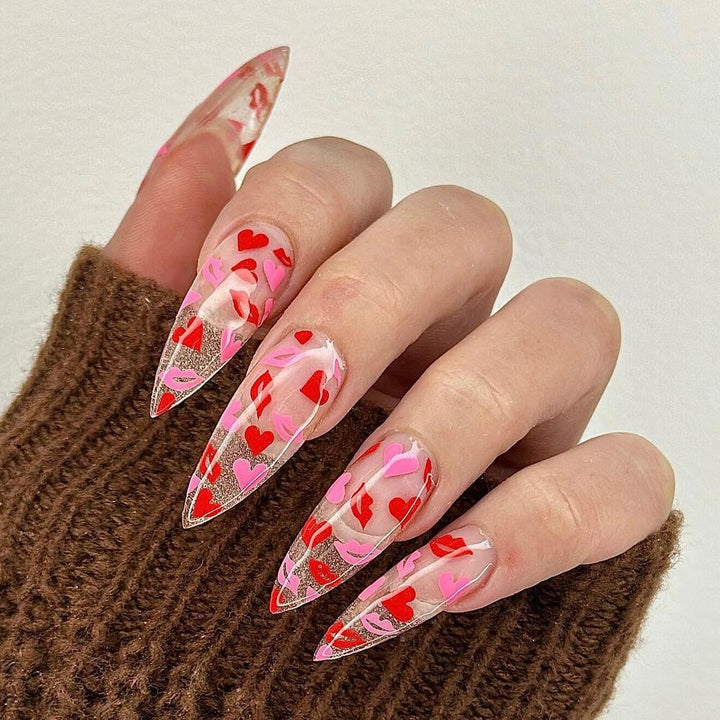 Artificial nails with romantic lip and heart designs Bowlift