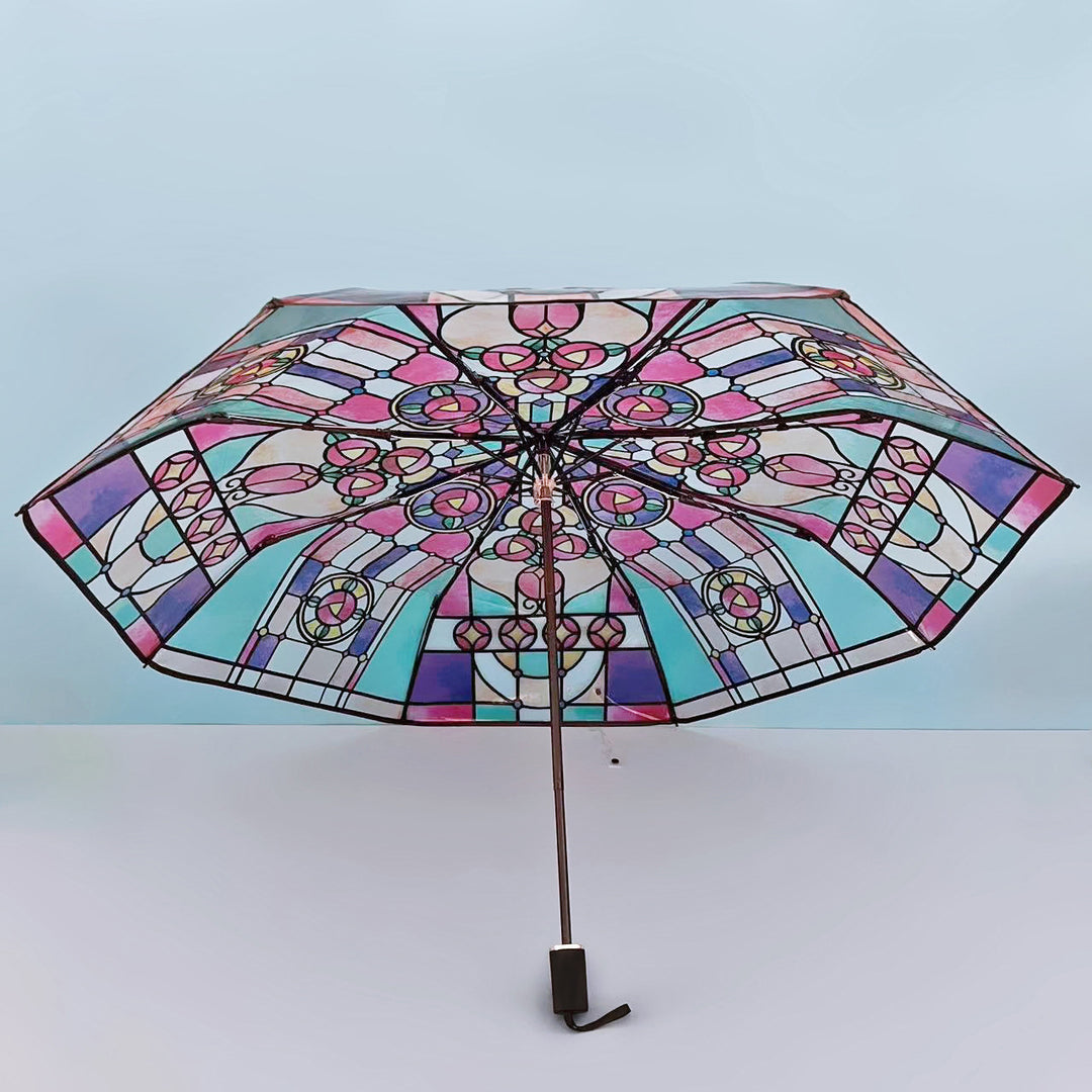Women Folding Umbrella with Artistic Glass Window Design Bowlift