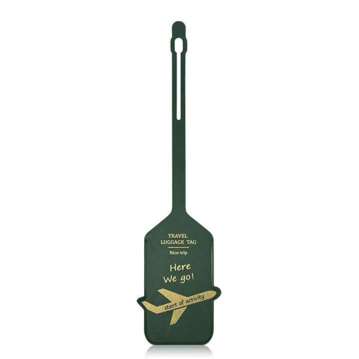 premium leather travel luggage ID tag with embossed airplane motif and adjustable strap Bowlift