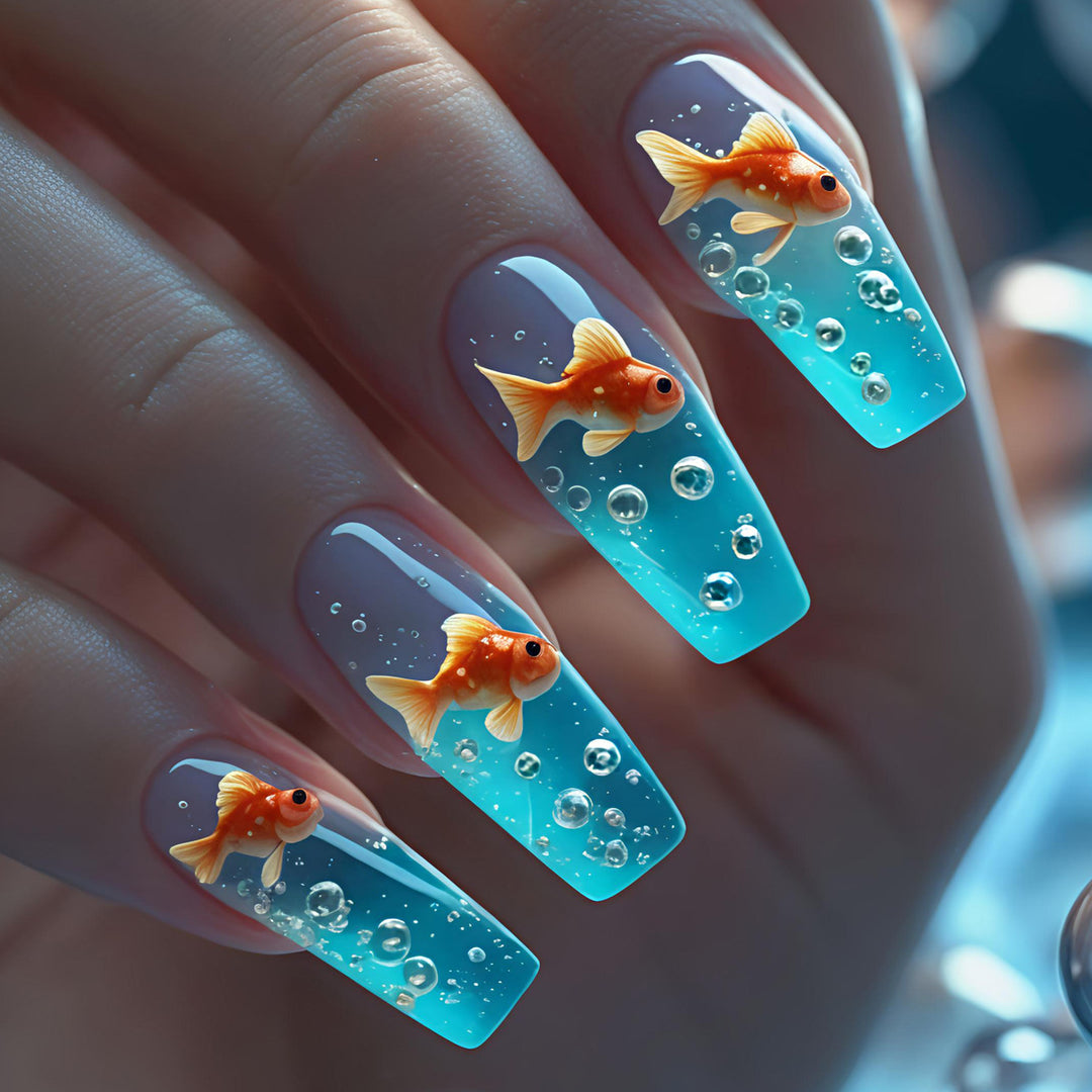 3D Fish and Bubbles Acrylic Nail Art Bowlift