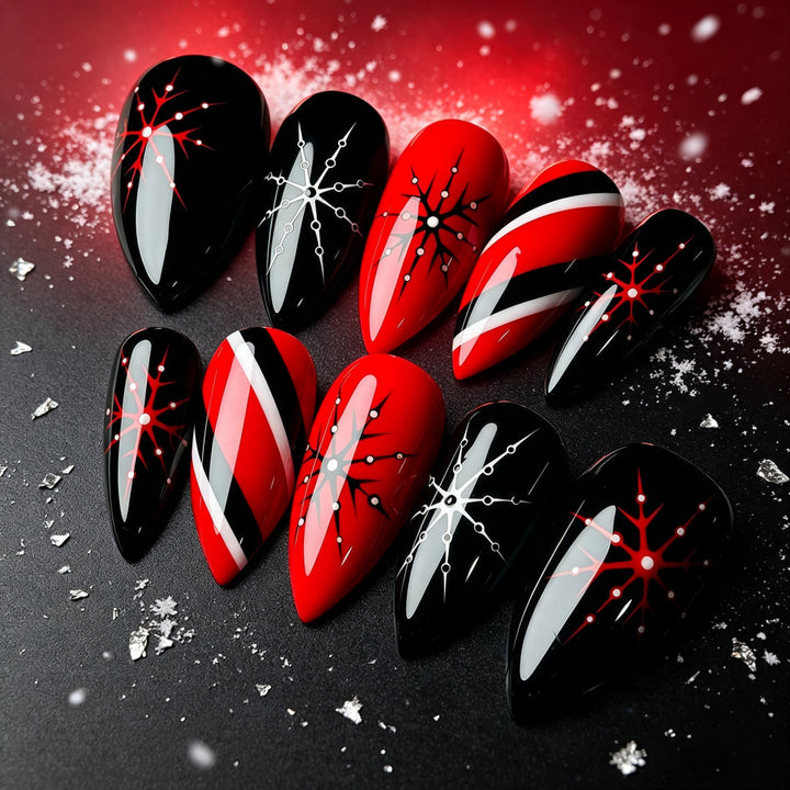 Artificial nails in modern stiletto design with graphic accents Bowlift