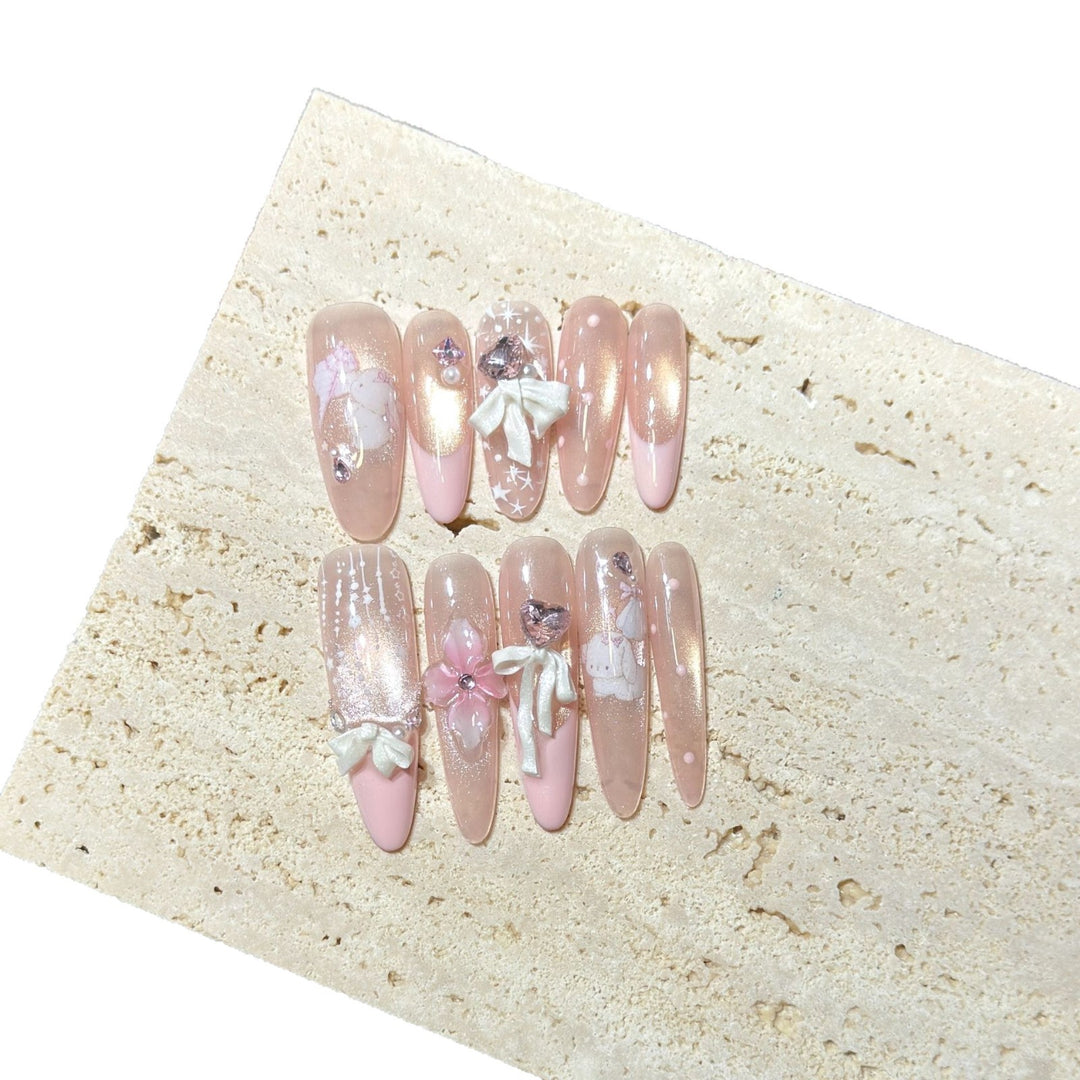 Decorative Stiletto Press-On Nail Art Set with Elegant Floral Design Bowlift
