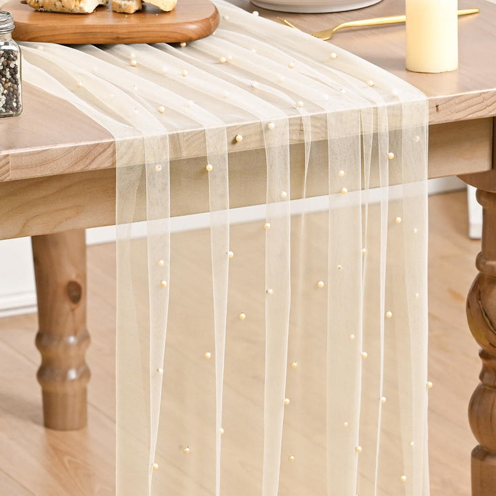 Elegant Table Runner with Pearl Detailing Bowlift