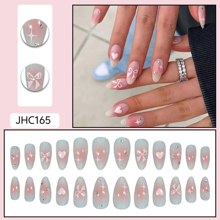 Decorative Press-On Nail Art Set with Bow and Heart Accents Bowlift