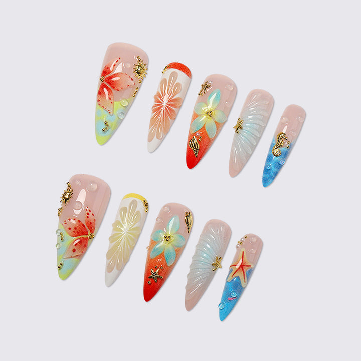 Artificial nail set with floral and maritime accents Bowlift