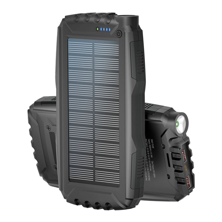 Solar power bank with integrated LED flashlight and multiple charging ports Bowlift