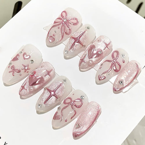 Acrylic nail set with elegant flower and rhinestone design Bowlift