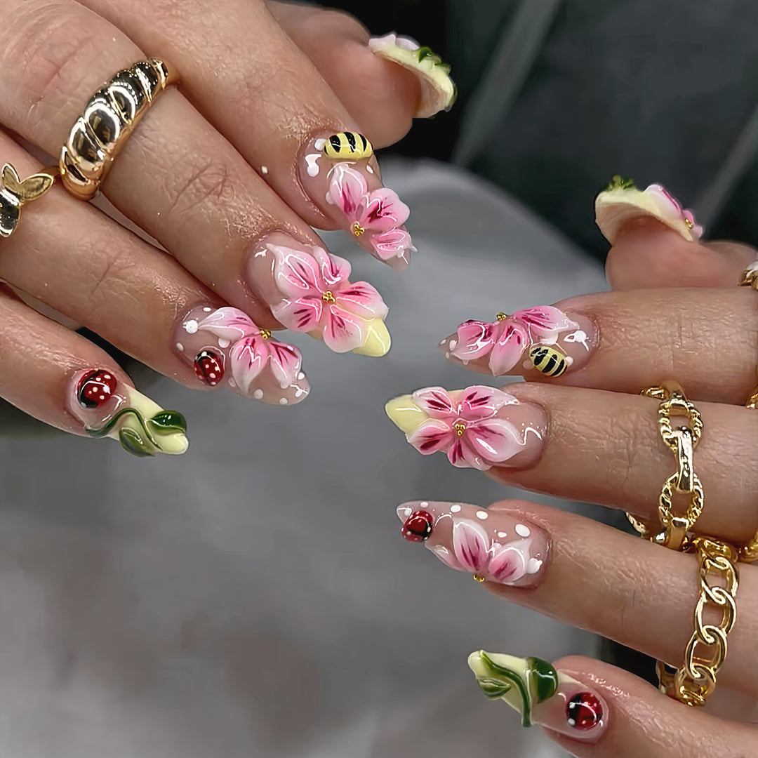 Artificial nail set with floral 3D applications and gloss finish Bowlift