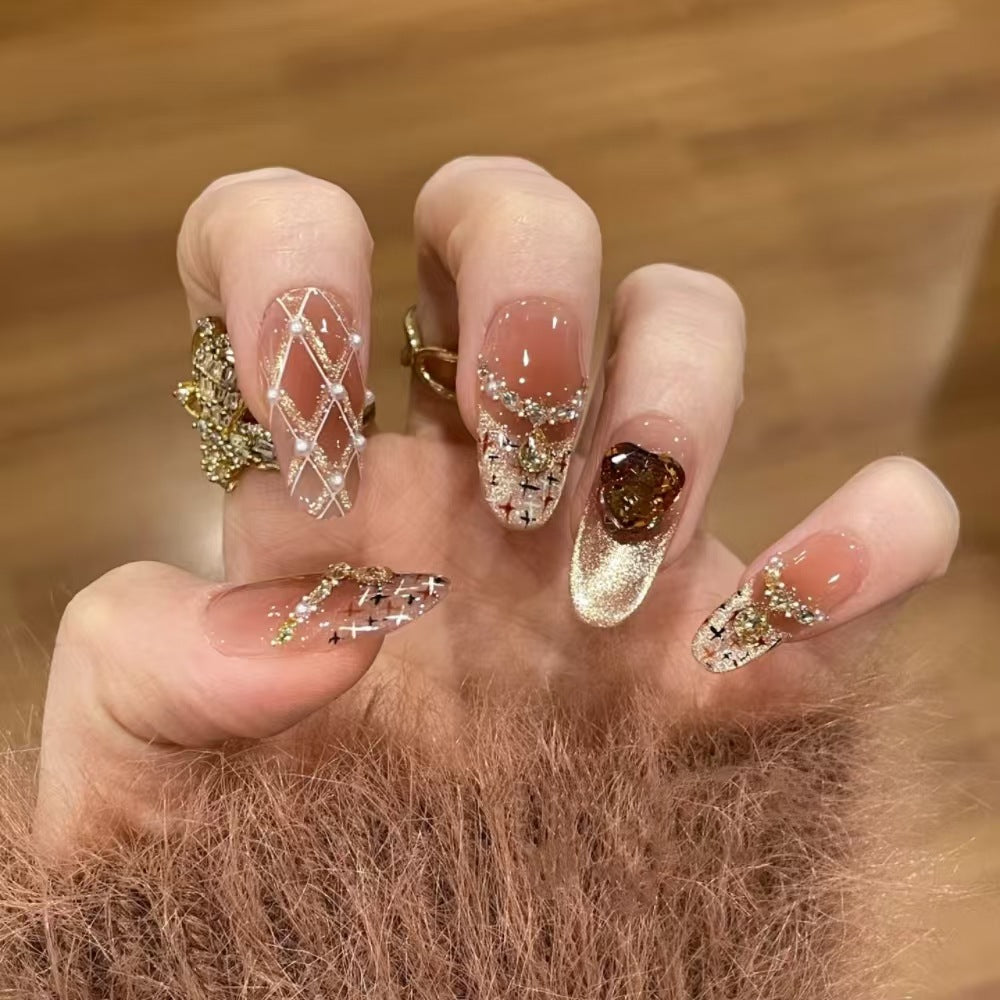 Decorative Press-On Nail Set with Gemstone Accents Bowlift