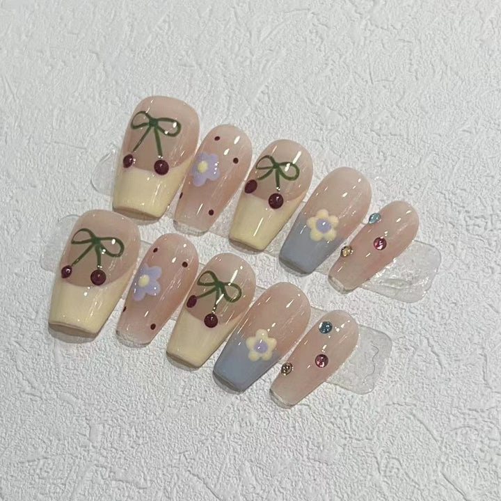 Charming Decorative Press-On Nail Set with Cherry and Floral Designs Bowlift