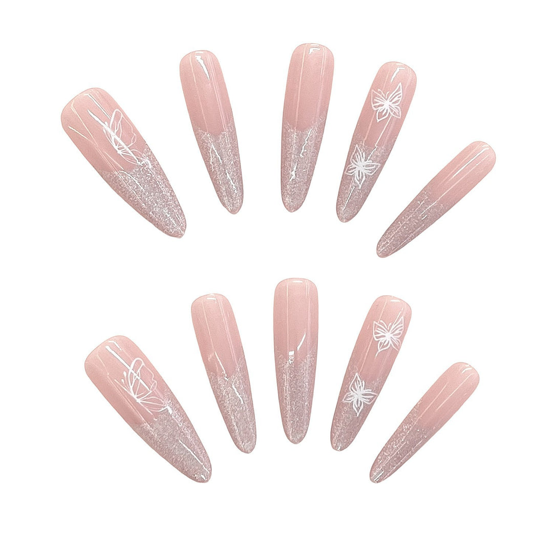 Elaborate Glitter Ombre Press-On Nails with Artistic Butterfly Design Bowlift