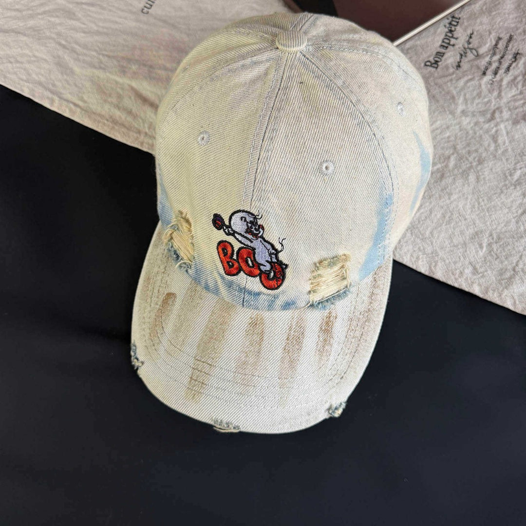Women's Vintage-Inspired Distressed Embroidered Cap Bowlift