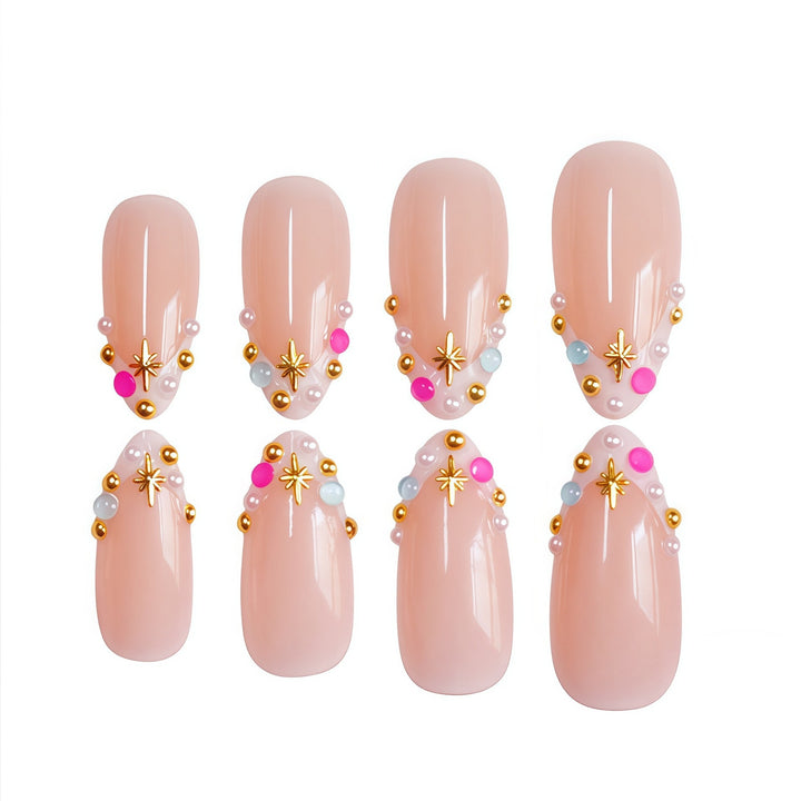 Decorative French Tip Nail Extensions with Gem Accents Bowlift