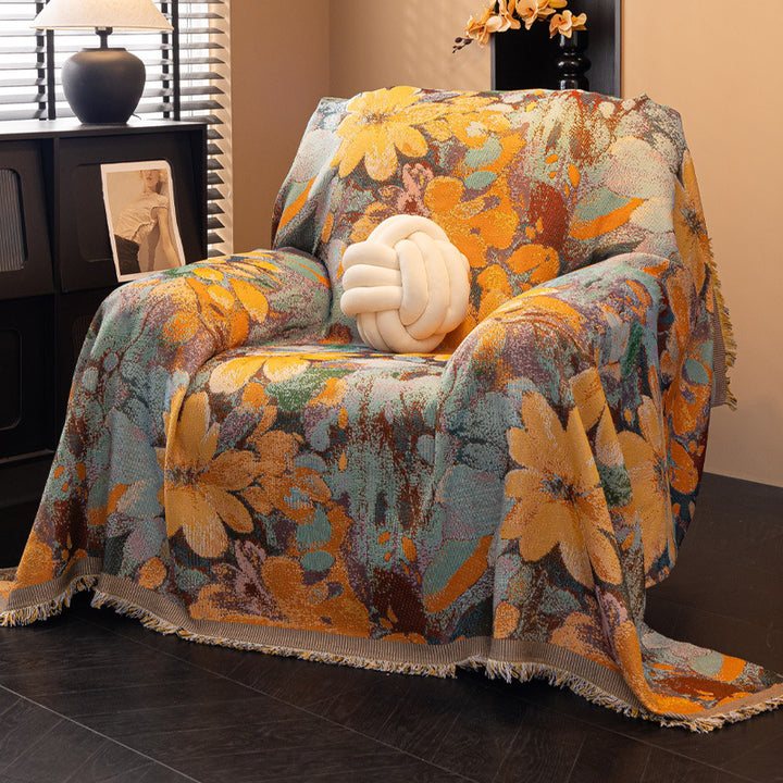 Oversized Cotton-Blend Jacquard Floral Throw Blanket with Fringed Edges Bowlift