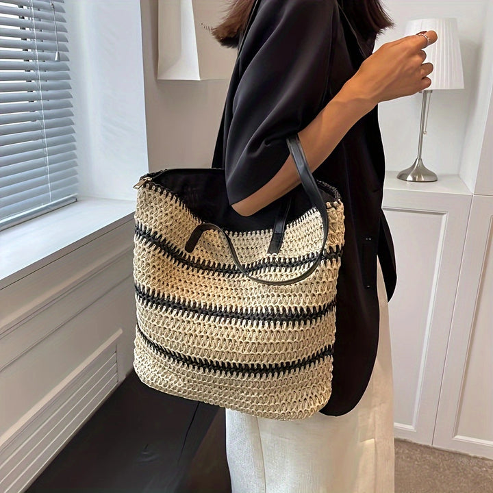 Elegant Raffia Shopping Bag with Leather Handles Bowlift