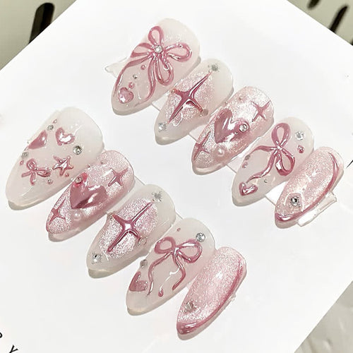 Decorative Press-On Nail Art Set with Floral and Gem Accents Bowlift