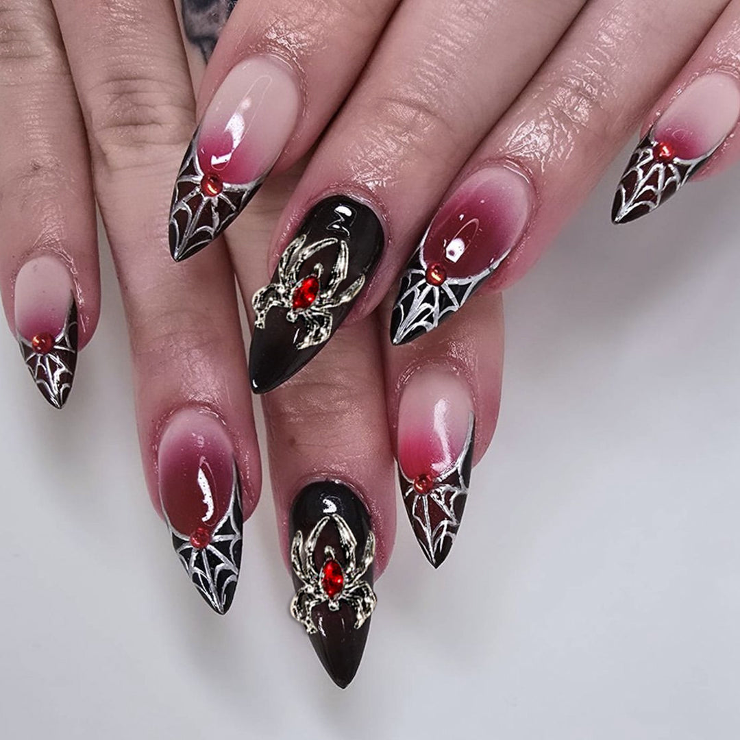 Gothic Spider-Themed Stiletto Nail Art Extensions Bowlift