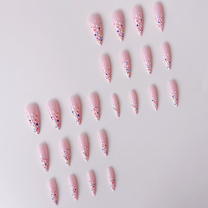 Acrylic nail set with colorful glitter dots and elegant tips Bowlift