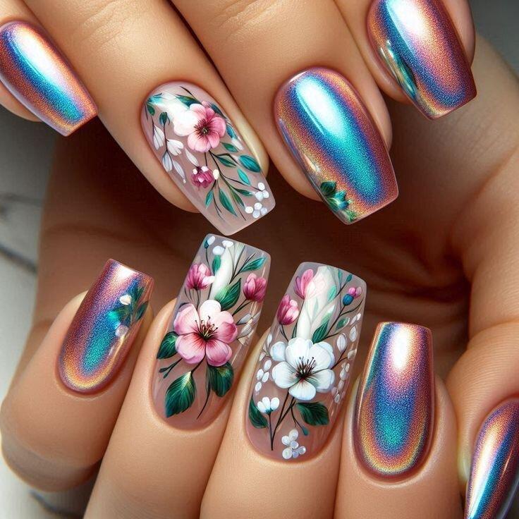 Artificial nails with elegant floral designs and holographic effect Bowlift