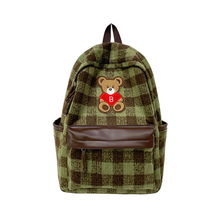 Teddy Bear Appliqué Checked Backpack