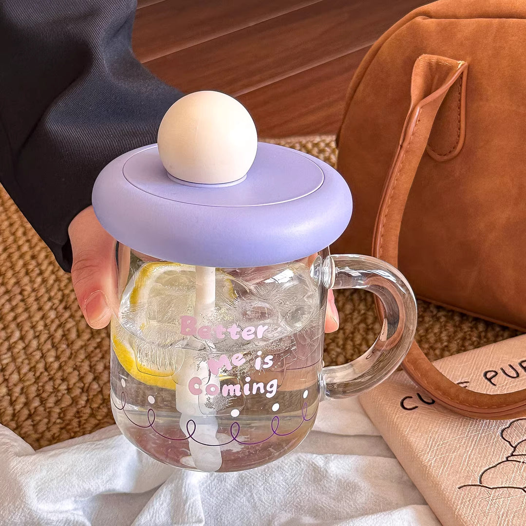 Women's glass drinking cup with silicone lid and integrated straw Bowlift