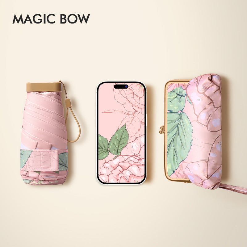 Ladies floral folding umbrella with innovative carrying bag Bowlift