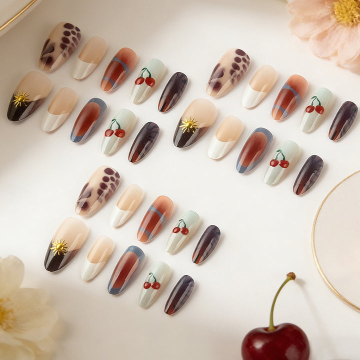 Artistic Press-On Nail Set with Floral and Geometric Patterns Bowlift