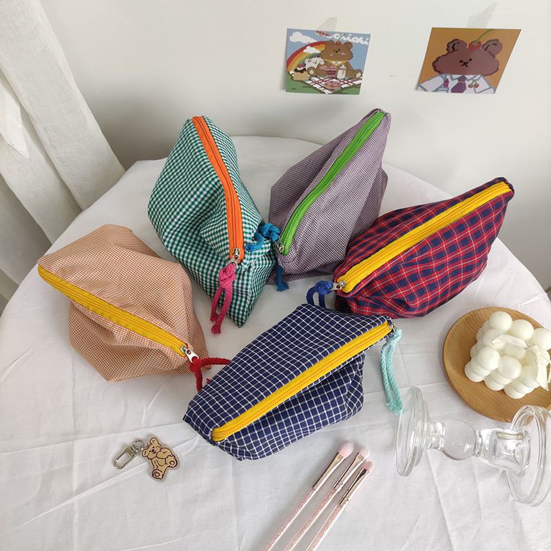 Checked Cotton Zip Pouch with Tassel Accent Bowlift