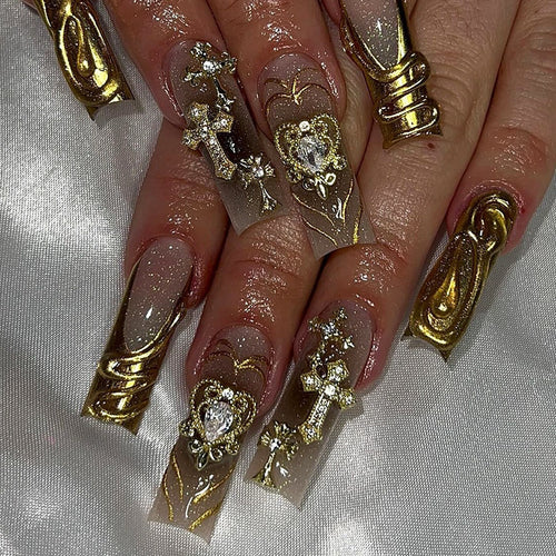 Decorative Press-On Nail Set with Gold Accents Bowlift