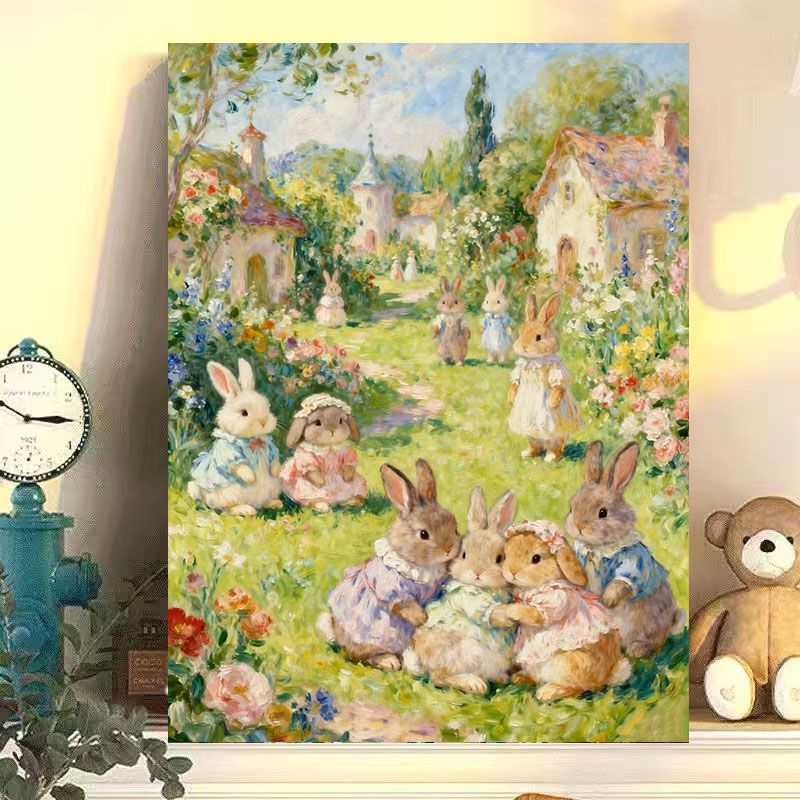 Whimsical Rabbit Scene Canvas Art Print Bowlift