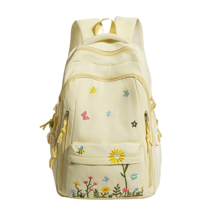 Backpack with Floral Embroidery Pattern and Practical Compartments Bowlift