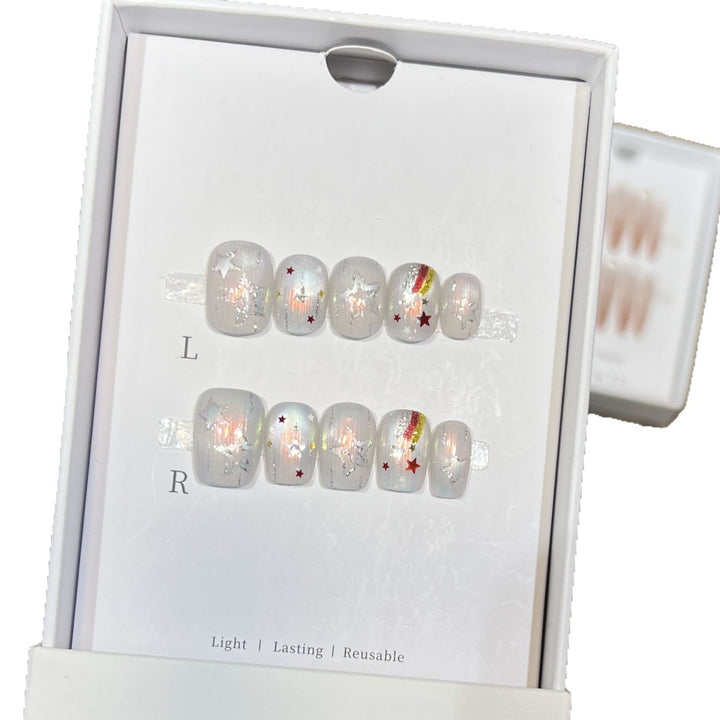 Creative Decorative Press-On Nail Set with Star and Rainbow Accents Bowlift