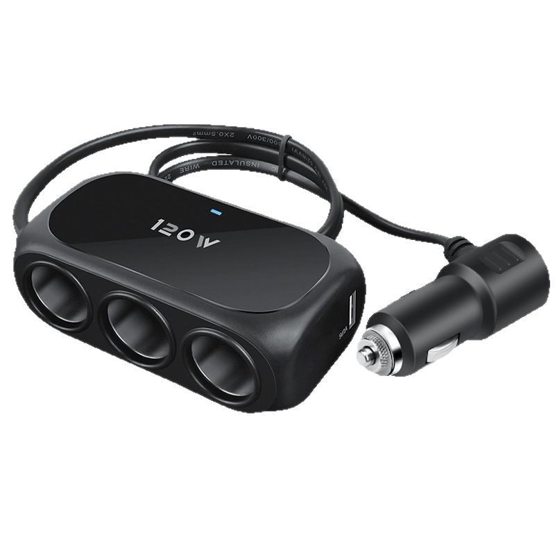 Car Cigarette Lighter Socket Triple Splitter with USB Fast-Charge and Surge Protection Bowlift