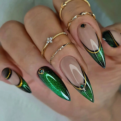 Elegant artificial nails with glitter and metal embellishments Bowlift