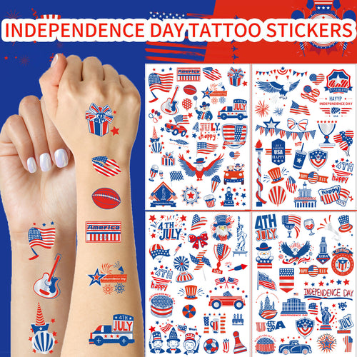 Independence Day illustrated temporary tattoo sheets with assorted patriotic icons skin-safe waterproof Bowlift