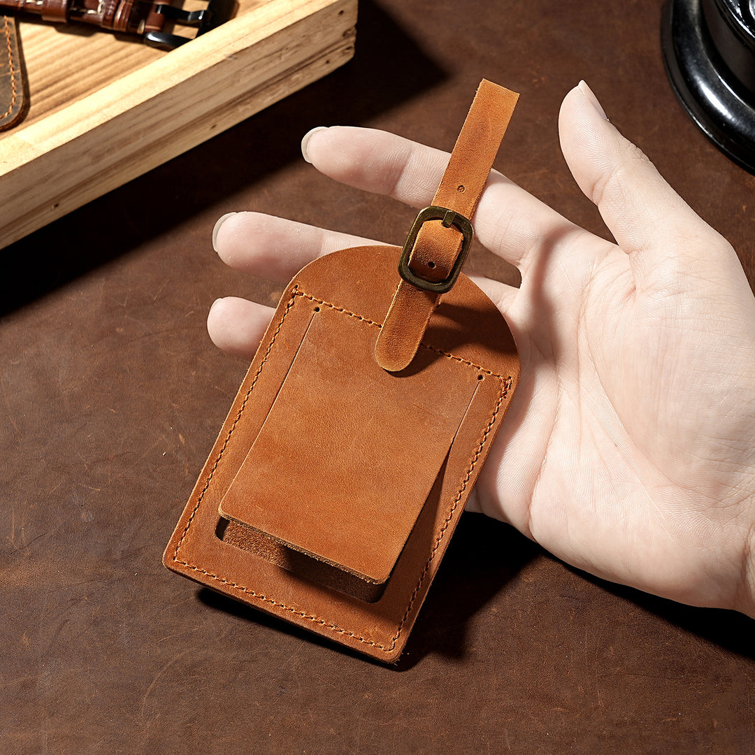 Genuine Leather Luggage Tag with Adjustable Buckle and ID Window Bowlift