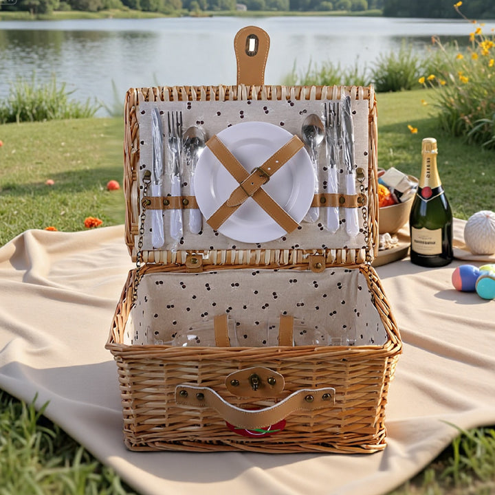 Ladies picnic basket with integrated dish set and decorative details Bowlift