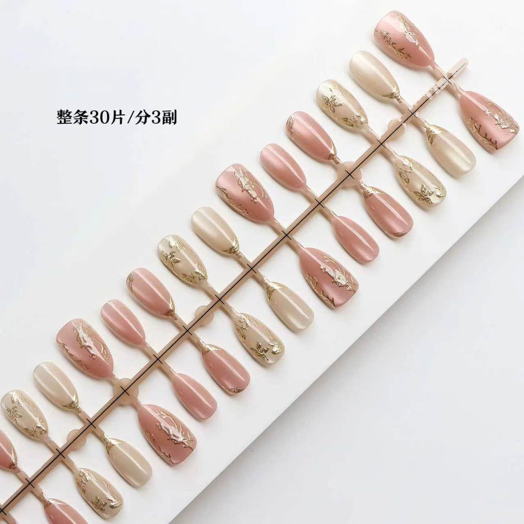 Elegant Press-On Nail Art Set with Gold Leaf Accents Bowlift