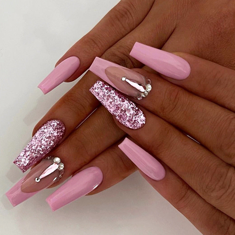 Decorative Press-On Nail Set with Glitter and Gem Accents Bowlift