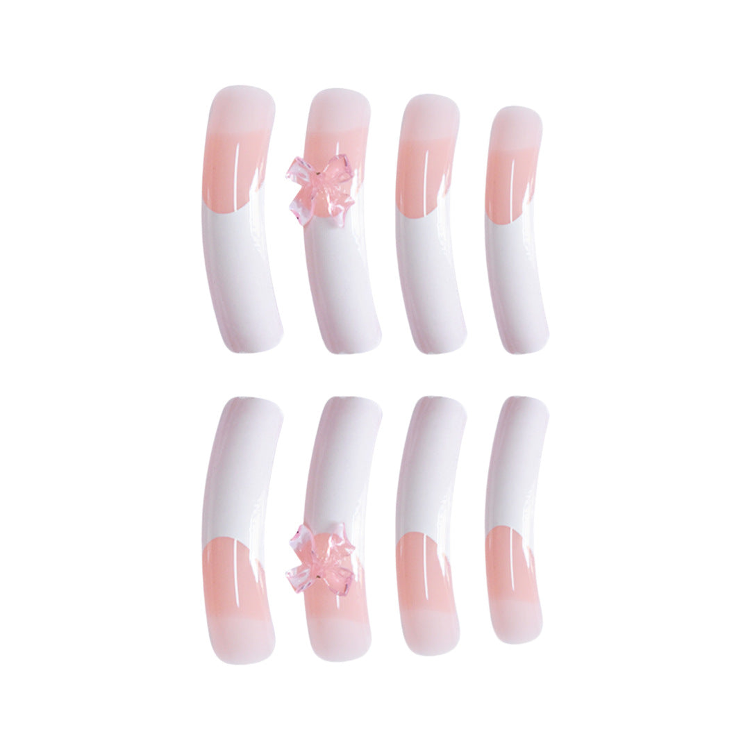 Elegant French Tip Press-On Nails with Bow Accents Bowlift
